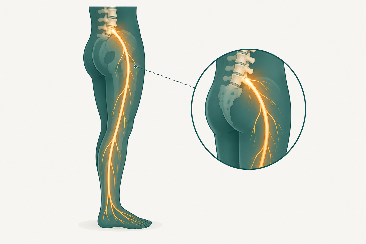 Illustration of the sciatic nerve path from the lower back down the leg, showing where sciatica pain travels.
