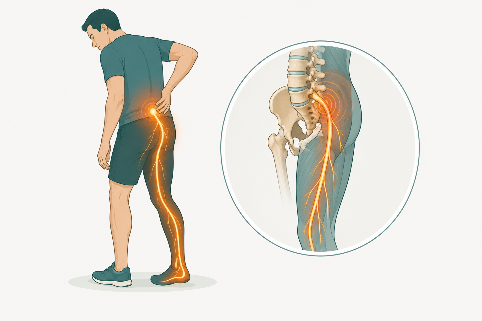 Sciatica pain radiating from the lower back down one leg to the foot.